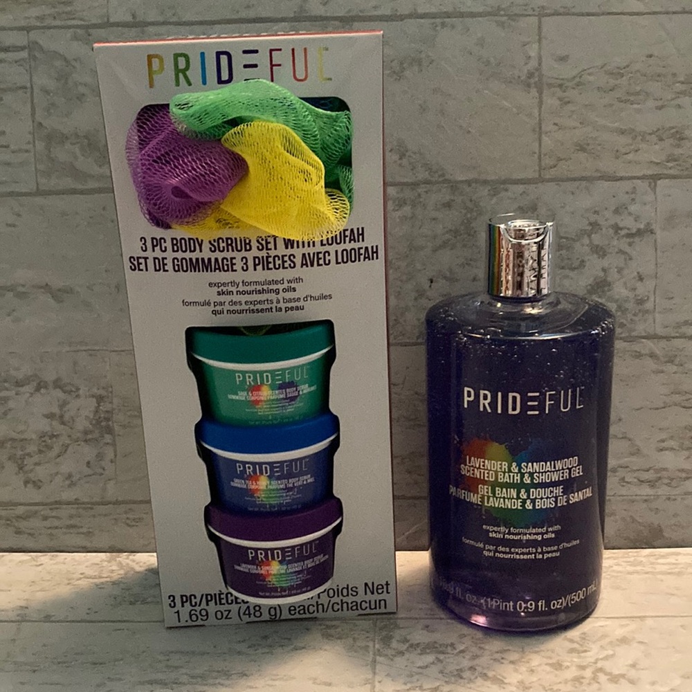 Prideful Gay Pride 3 Piece Body Scrub Set with Loofah & Bath & Shower Gel